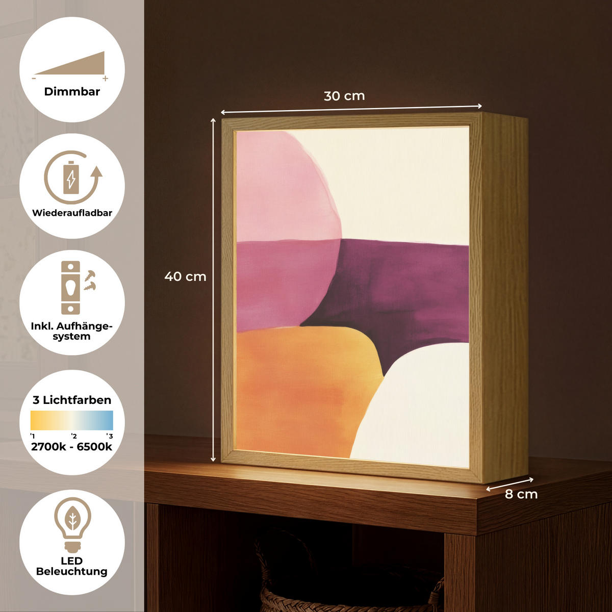 NÁSTĚNNÁ LAMPA S AKUMULÁTOREM Tvary - abstraktní - barevné 30x40 cm - růžová, kompozitní dřevo (30/40/8cm) - OnlyWow
