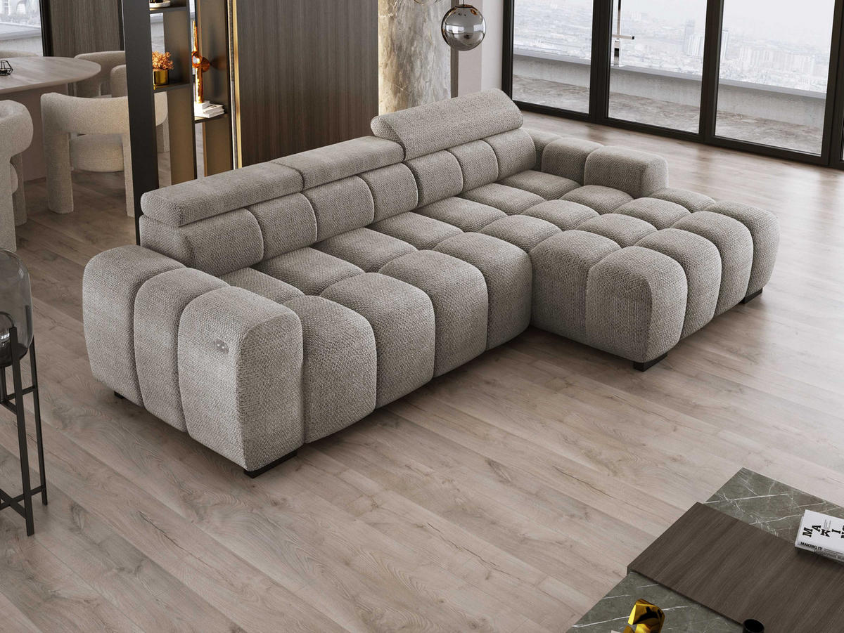 ECKSOFA OMBO 285x168x77/97 cm, Rechts, Schlaffunktion, elektr. Sitz, Kopfstützen, hydrophober EDEN-Stoff – Grau - Grau, Holz/Textil (285/168cm) - DomoHome