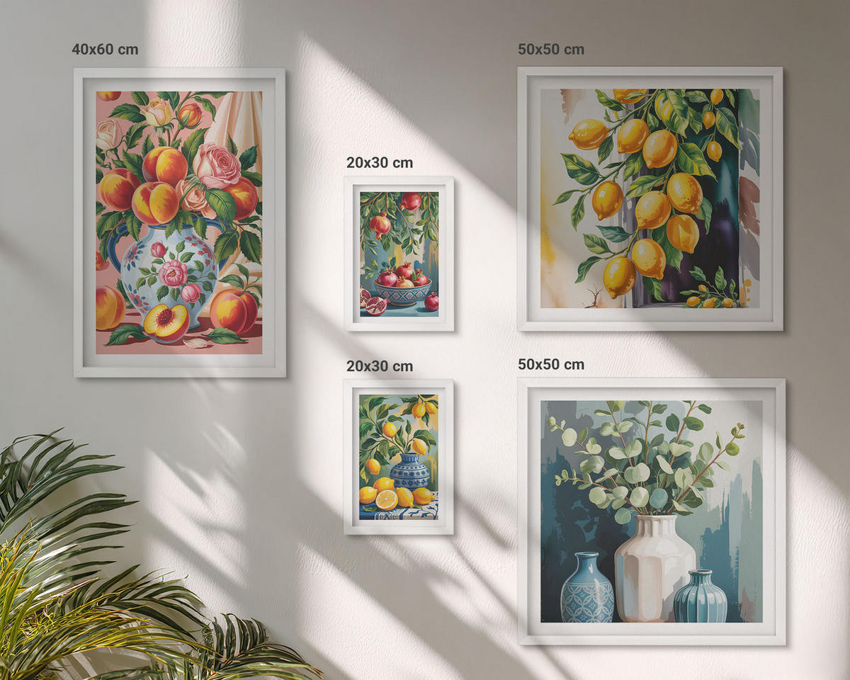 WANDBILDER 5er-Set - 50x50 cm & 20x30 cm & 40x60 cm Weißer Rahmen - Amalfi-Zitronen und -Orangen - Weiß, Kunststoff (40/60cm) - ArtPrintCave