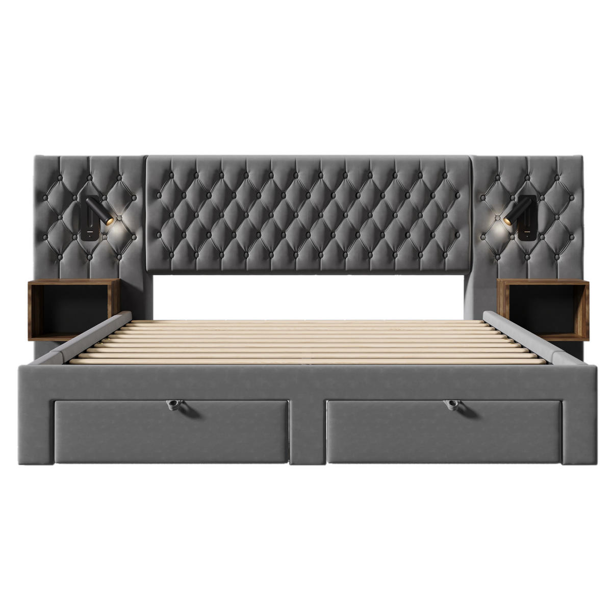 POLSTERBETT aus Samt 180x200 cm in Grau mit Leselicht & USB/Type-C - Grau, Textil (180/200cm) - Modfu