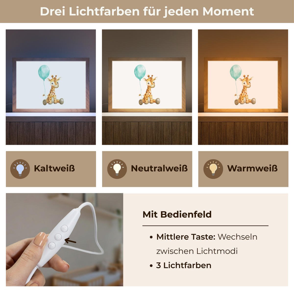 NACHTTISCHLAMPE Giraffe - Baby - Tiere - Blauer Ballon 30x20 cm - Weiß, Holzwerkstoff (8/30/20cm)