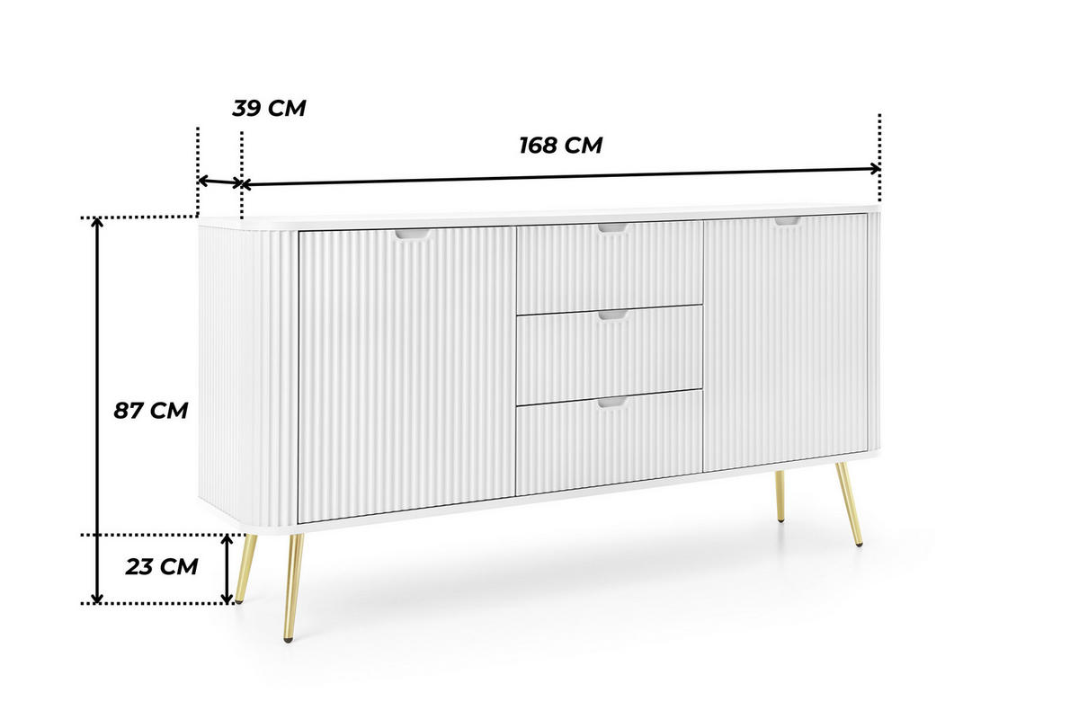 KOMMODE PORTO (Oval, Rillenfront, Weiß Matt, Goldene Füße) - Goldfarben/Weiß, Holz/Holzwerkstoff (168/87/39cm) - Ravio