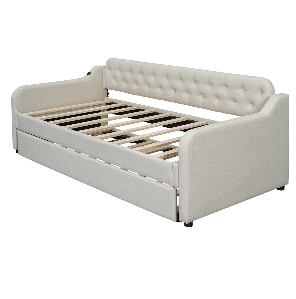 POLSTERBETT 90/200cm mit ausziehbarem Rollbett und USB-Anschluss Beige - Beige, Textil (90/200cm) - OKWISH