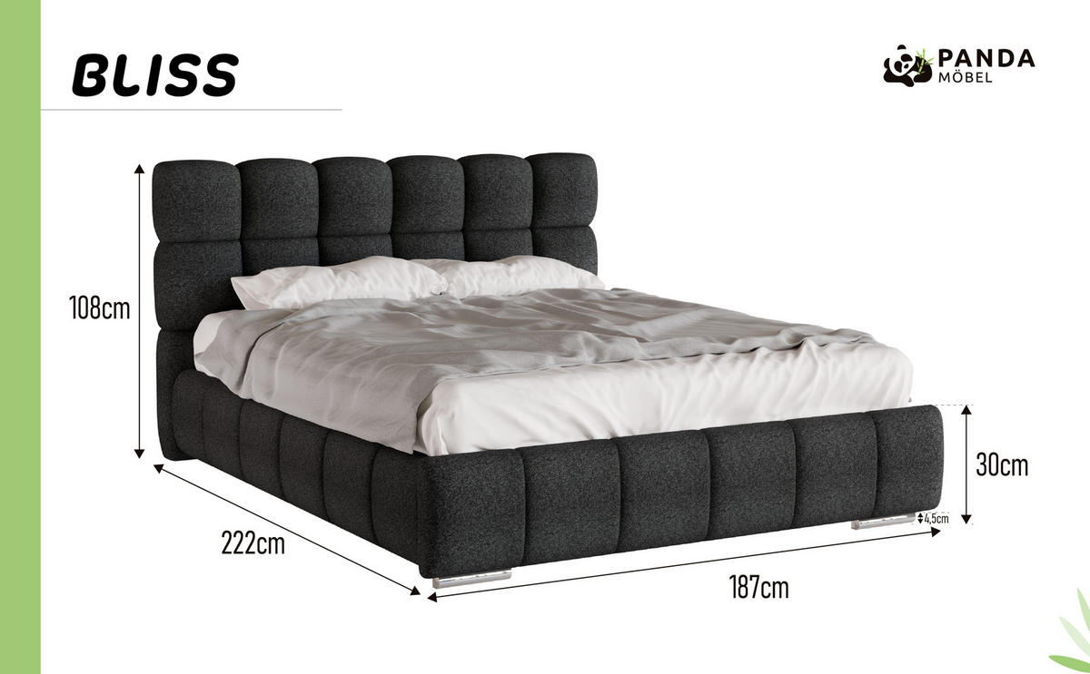 POLSTERBETT Bliss 160 x 200 cm mit Bettkasten und Lattenrost 7zonen PocketKokos Arlan (21cm) - schwarz - Schwarz, Holz (160/200cm) - Panda Möbel