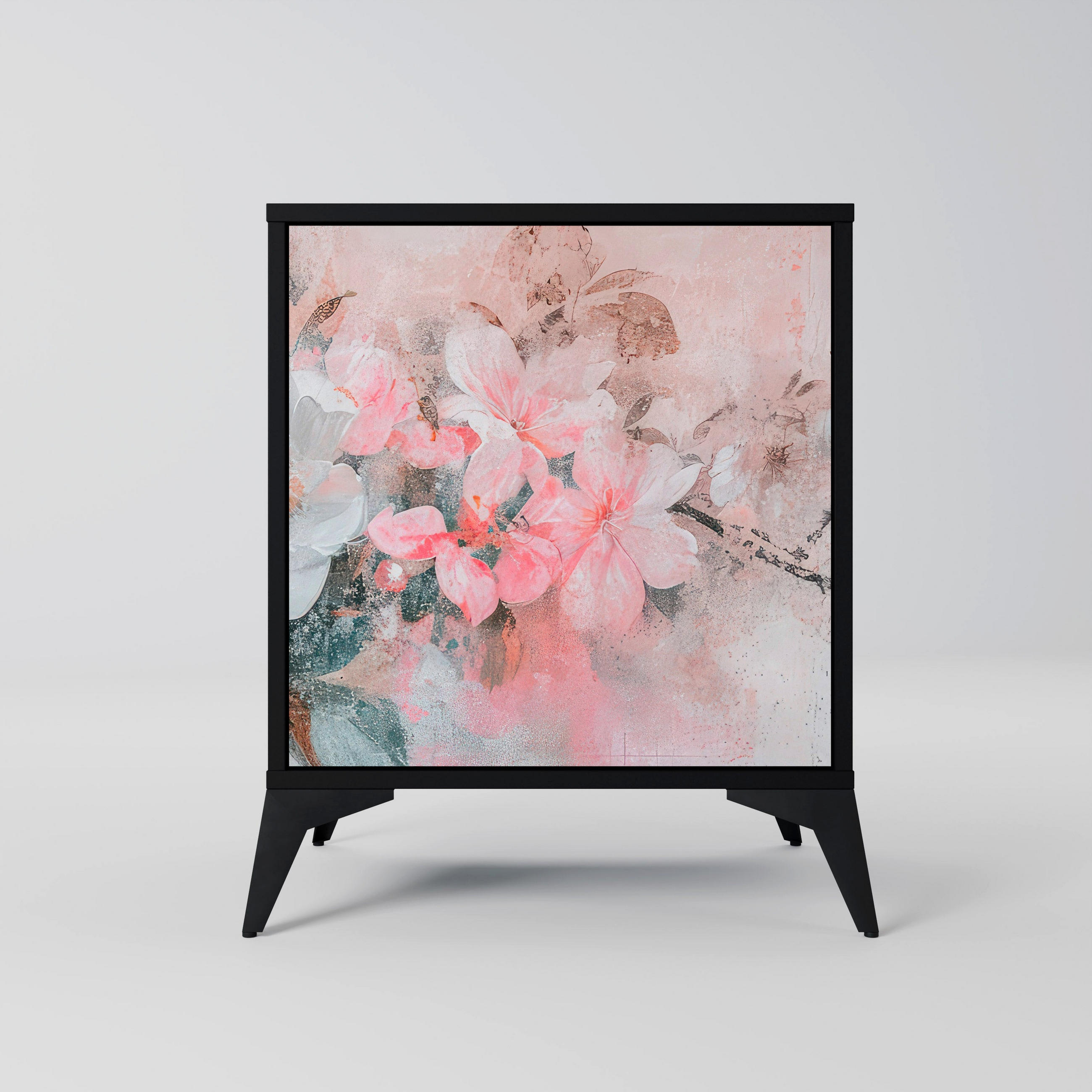 SIDEBOARD CHERRY BLOSSOM, Schwarz, 57,5x42x70,5 cm, Schwarze Metall-Sternfüße - Multicolor/Schwarz, Holzwerkstoff/Metall (57.5/70.5/42cm) - SpaceRebels