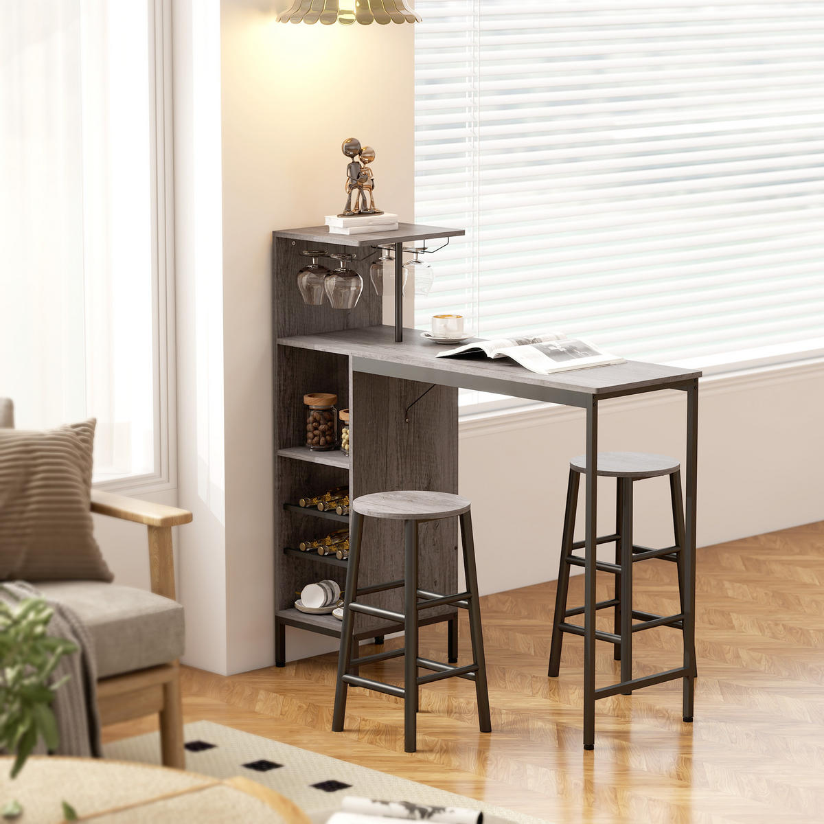 BARTISCH-SET DE-14784 mit Weinregal & Glashaltern für 2 Hocker Naturholz - Naturfarben, Holzwerkstoff (121.5/40/122cm) - ComfortXL