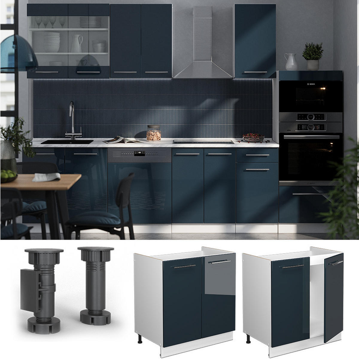 SPÜLENUNTERSCHRANK Fame-Line Dunkelblau Hochglanz 80 cm, AP Eiche - Weiß/Dunkelblau, Holzwerkstoff (80/82/60cm) - Vicco