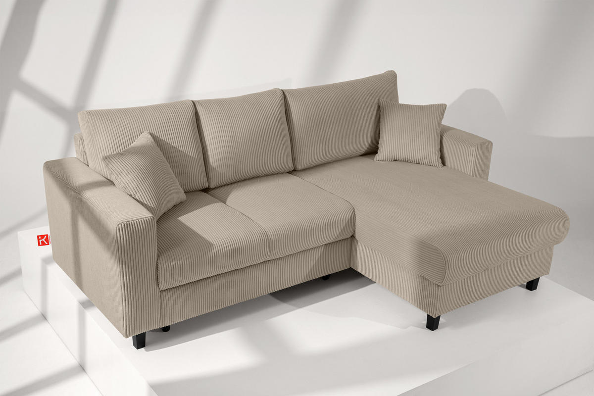 ECKSCHLAFSOFA EGRET Rechts mit Bettkasten, Cord-Stoff, beige - Beige, Textil (234/90cm) - KONSIMO®