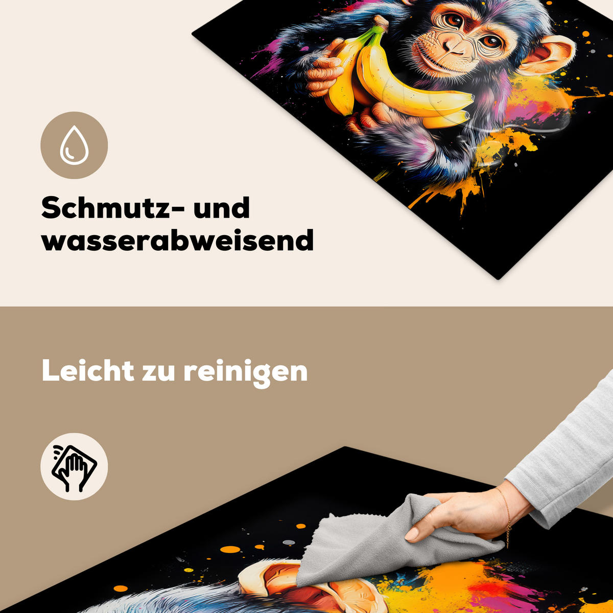 HERDABDECKPLATTE Affe - Graffiti - Farbenfroh - Bananen - Modern Herdabdeckung Induktionsfeld 75x52 cm - Gelb, Kunststoff (75/52/0.2cm) - MuchoWow