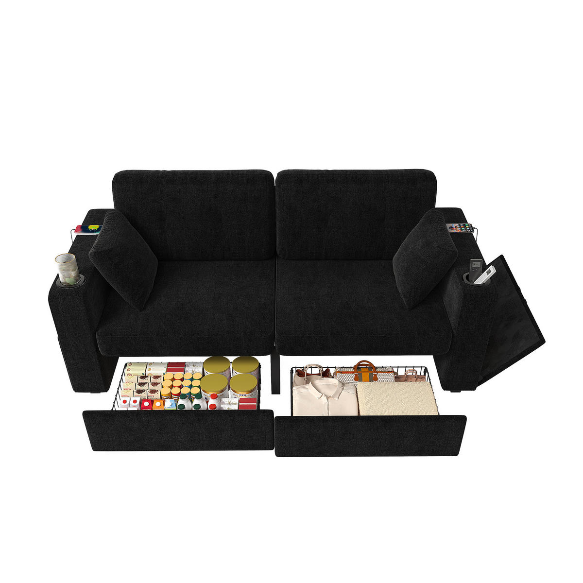 2-SITZER-SOFA DE-33930 mit 2 Stauraumschubladen Schwarz - Schwarz, Metall (75/82/172cm) - ComfortXL