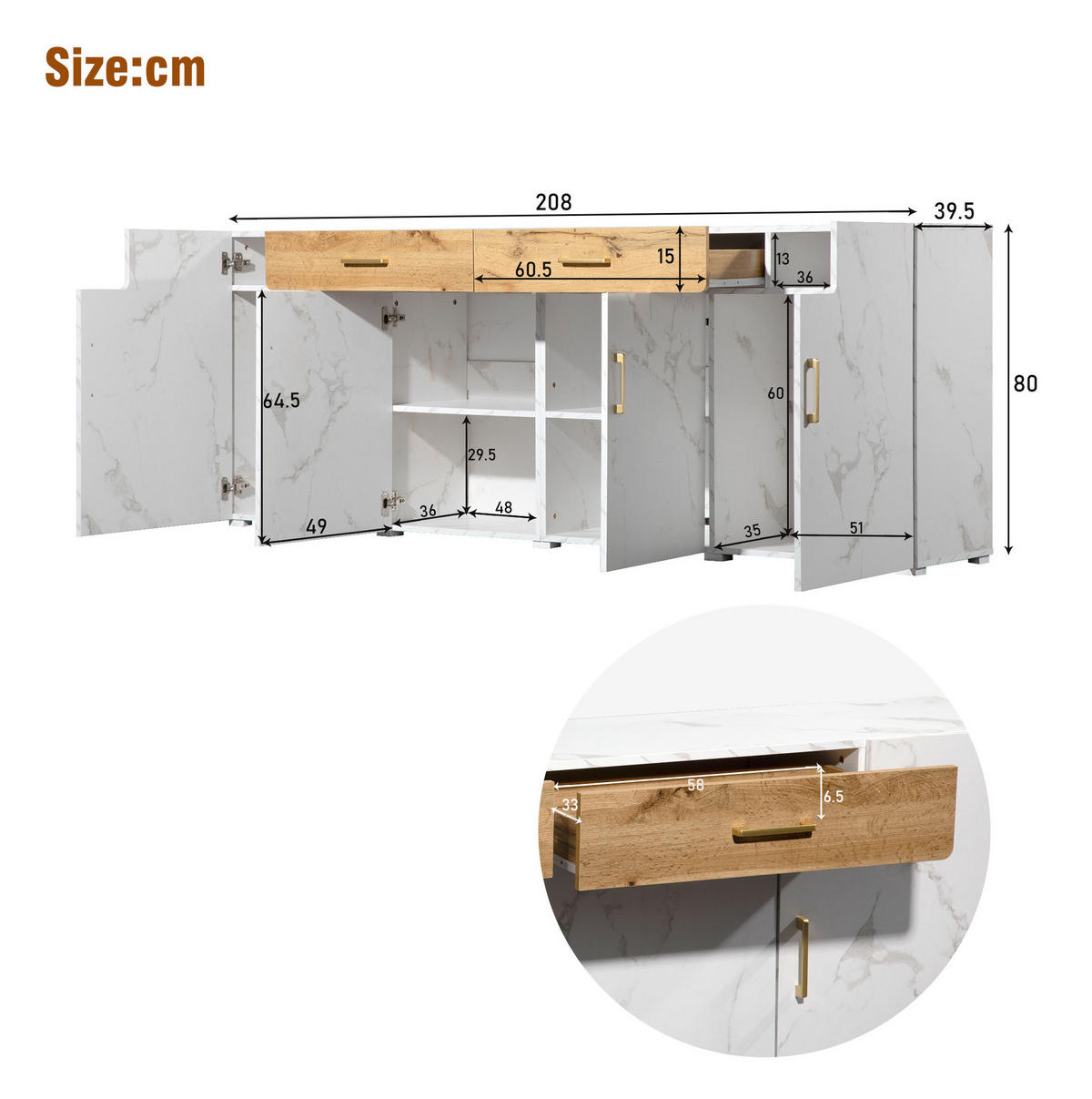 SIDEBOARD 208/39,5/80 cm mit 4 Türen und 2 Schubladen, viel Stauraum aus Holzwerkstoff, Weiß - Weiß, Holzwerkstoff (208/80/39.5cm) - Redom
