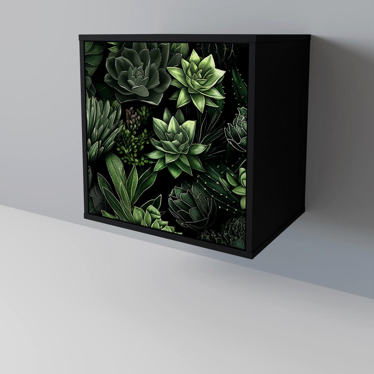 SIDEBOARD SUCCULENT JUNGLE, Schwarz, 57,5x42x67,5 cm, Schwarze Metall-Rahmenfüße - Multicolor/Schwarz, Holzwerkstoff/Metall (57.5/67.5/42cm) - SpaceRebels