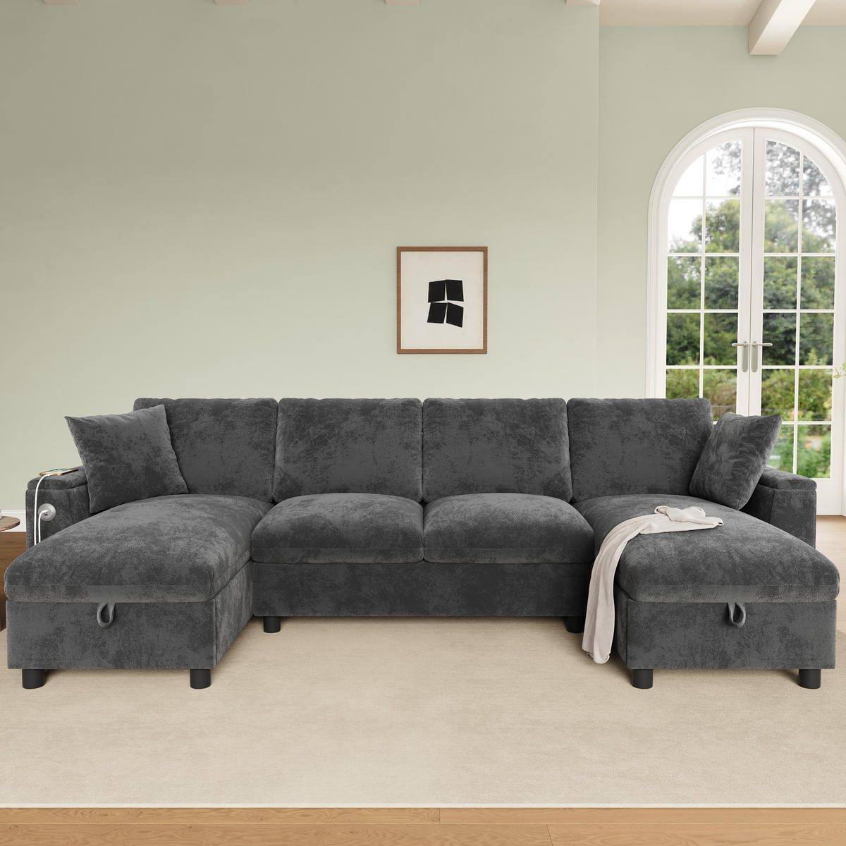 WOHNLANDSCHAFT Chenille Grau mit Stauraum, USB und Type-C - Grau, Holzwerkstoff/Kunststoff (284/84/135cm) - WISHDOR