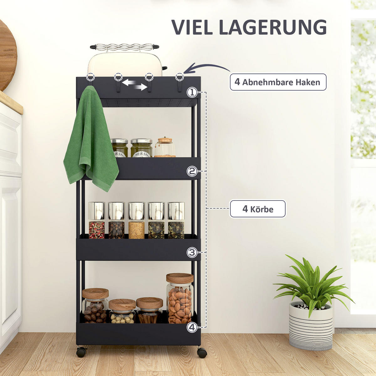ROLLWAGEN mit 4 Ebenen, Kunststoff, Schwarz, 40 x 19 x 90 cm - Schwarz, Metall (40/90/19cm) - HOMCOM