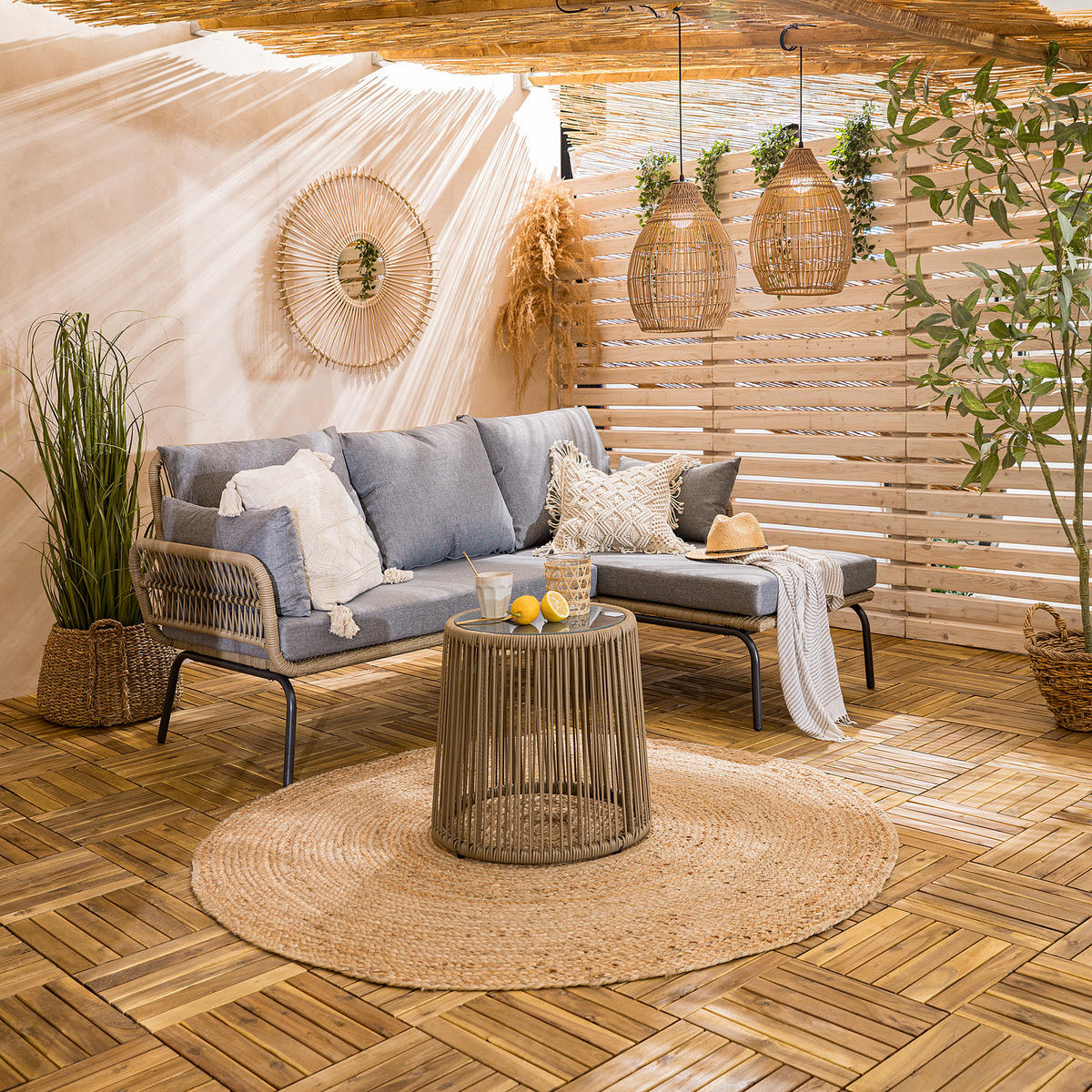 LOUNGESET - Polyrattan / Polyester - Beige / Grau - 3-teilig - Schwarz/Grau, Glas/Kunststoff - home24