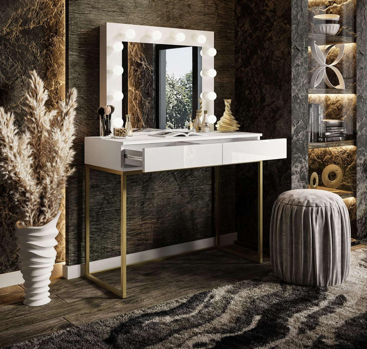 SCHMINKTISCH BLANCO GOLD mit Spiegel und Beleuchtung Weiß PUSH OPEN - Goldfarben/Weiß, Holzwerkstoff (100/146/42cm) - Lookway