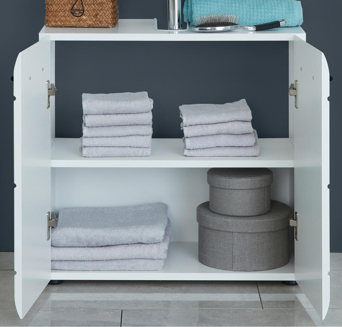 WASCHBECKENUNTERSCHRANK weiß Hochglanz, Badschrank 60 x 56 cm - Weiß Hochglanz/Schwarz, Holzwerkstoff/Kunststoff (31/56/60cm) - Top.Furn