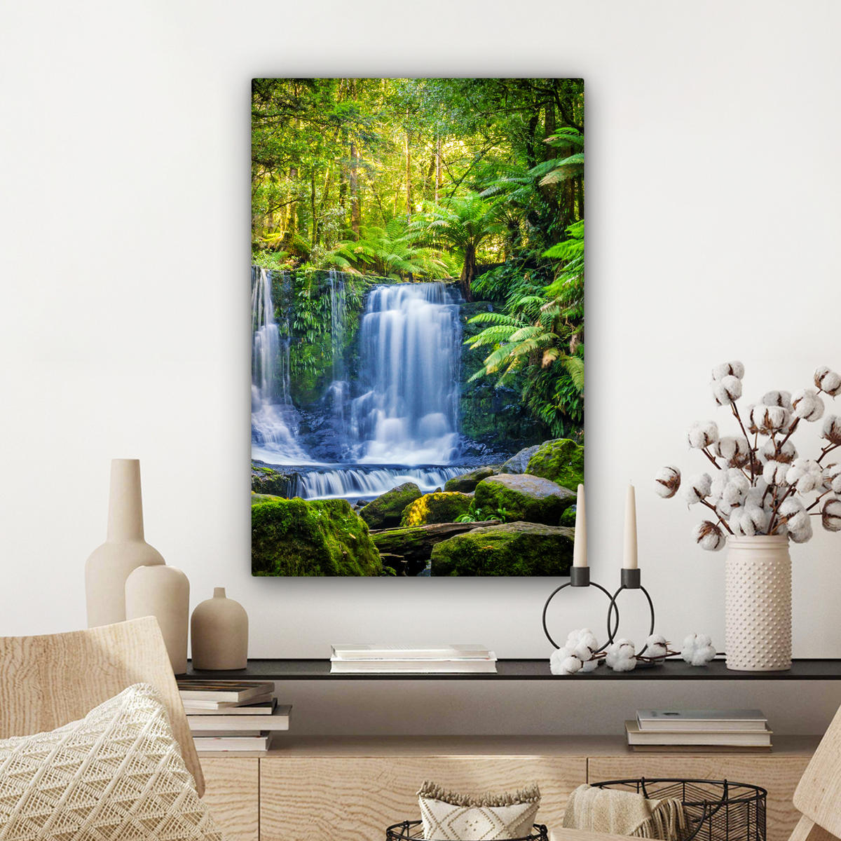 LEINWANDBILD Dschungel - Wasserfall - Australien - Pflanzen - Natur Wanddeko Schlafzimmer 60x90 cm - Dunkelgrün, Textil (60/90cm) - MuchoWow