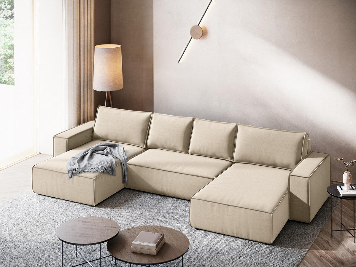 WOHNLANDSCHAFT Samt Stoff Beige - Beige/Creme, Kunststoff/Textil (398/82/185cm) - Makamii