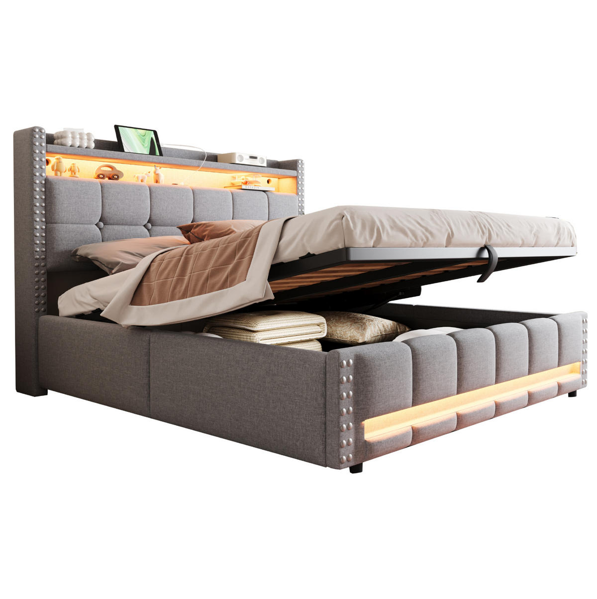 POLSTERBETT 160/200 cm mit LED-Beleuchtung, USB-Anschluss, Kopfteil mit Stauraum und hydraulischem Bettkasten, Hellgrau - Hellgrau, Textil (160/200cm) - Redom