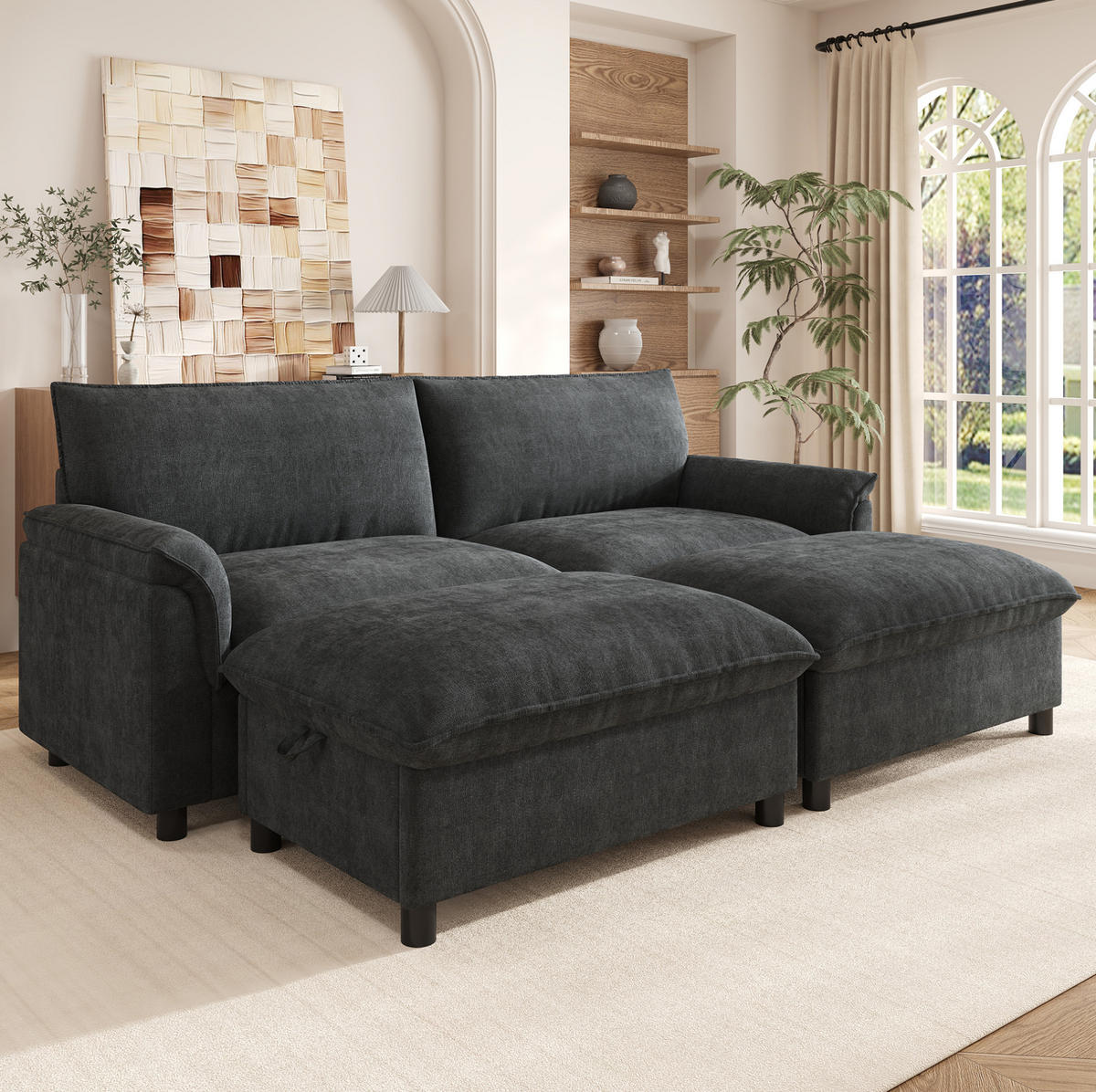 ECKSOFA 216/77/82 cm mit Schlaffunktion, beweglichem Fußhocker und Stauraum, Schwarz - Schwarz, Textil (216/77cm) - Redom