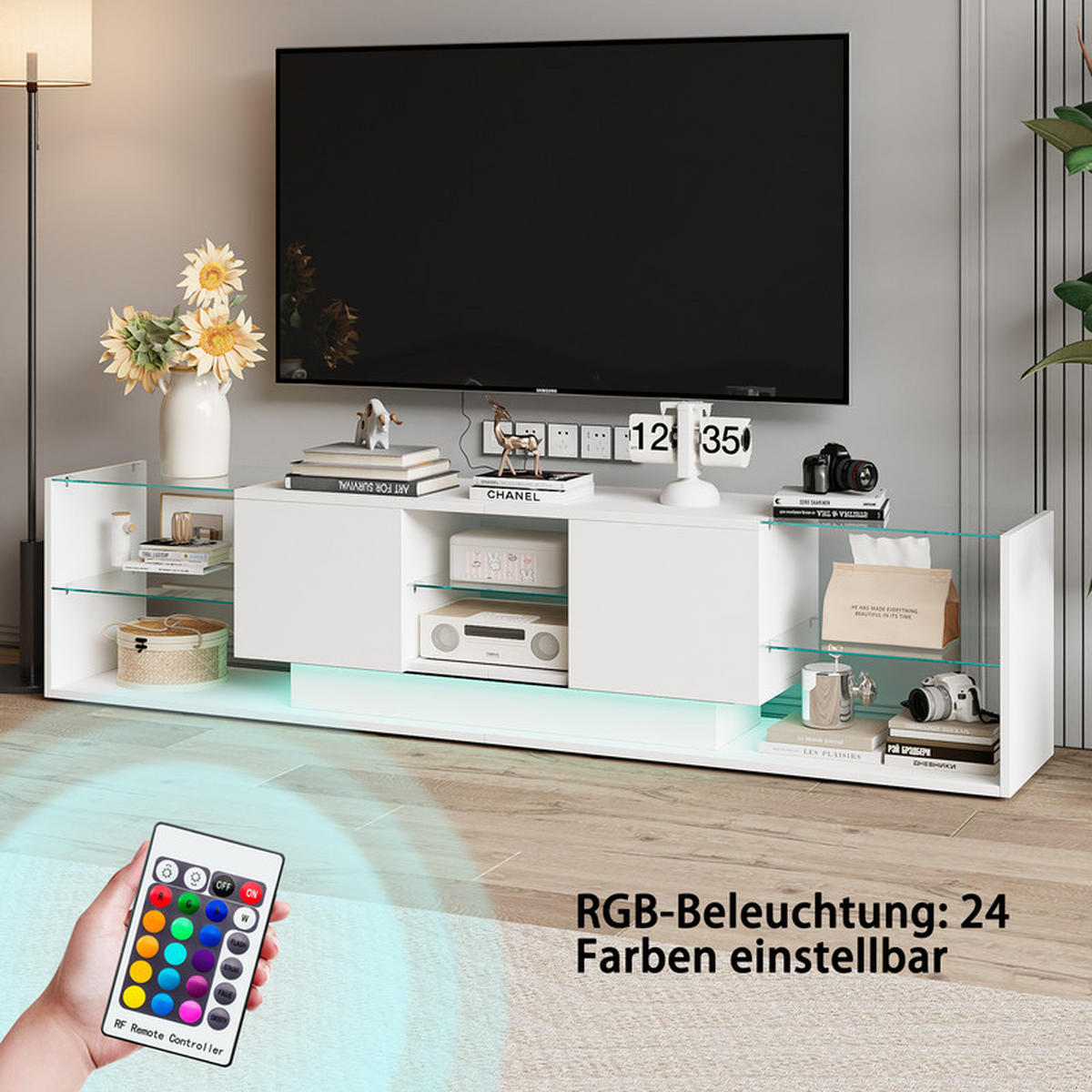 LOWBOARD, 200 x 35 x 45 cm LED Highlights mit Offenen Stauraum und 2 Schubladen, Glastrennwand, MDF - Weiß, Glas (35/45/200cm) - WoodenAura