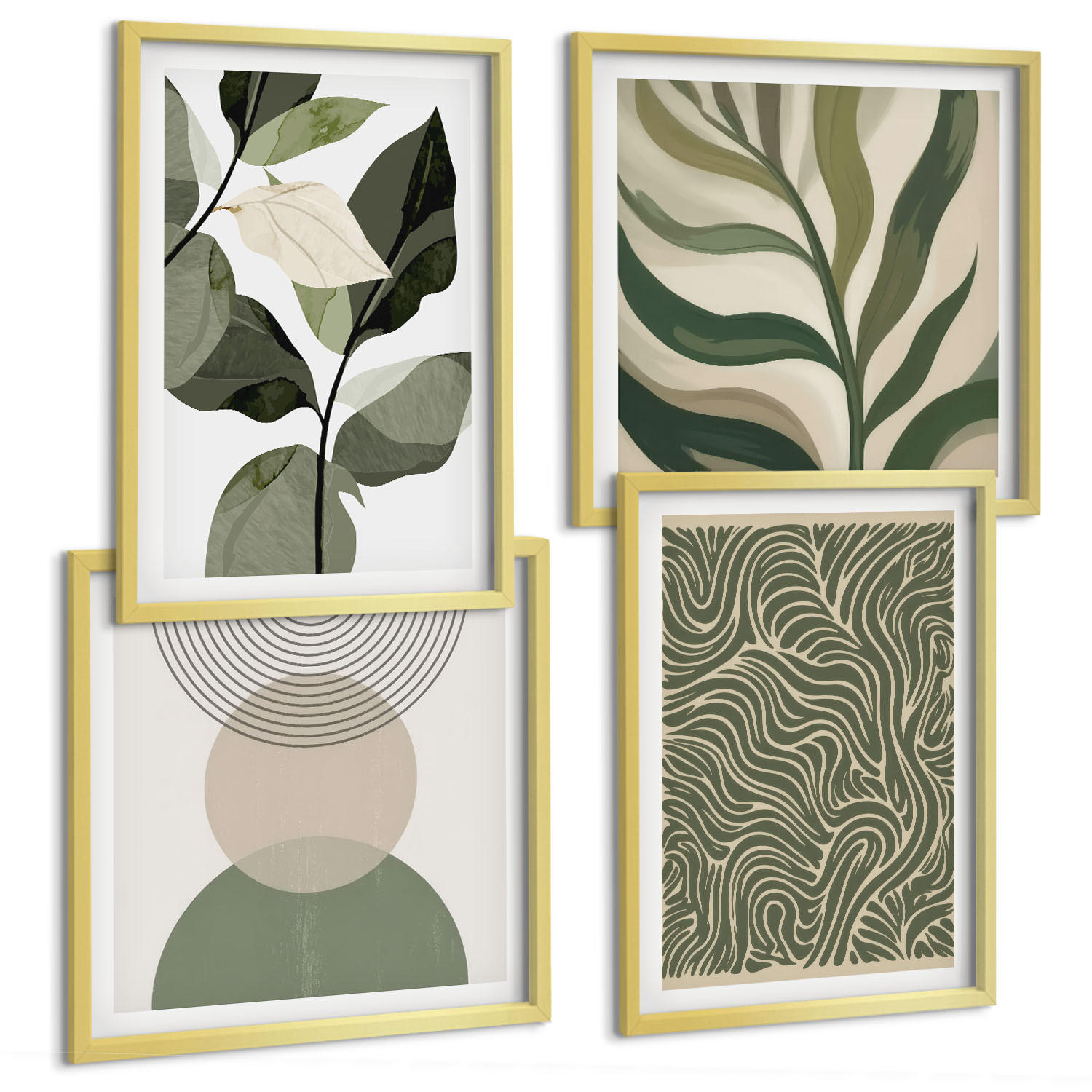 BILDER SET 4er Set - 50x50 cm & 40x60 cm Goldrahmen - Blätter geometrische Formen abstrakt - Goldfarben, Kunststoff (50/50cm) - TULUP