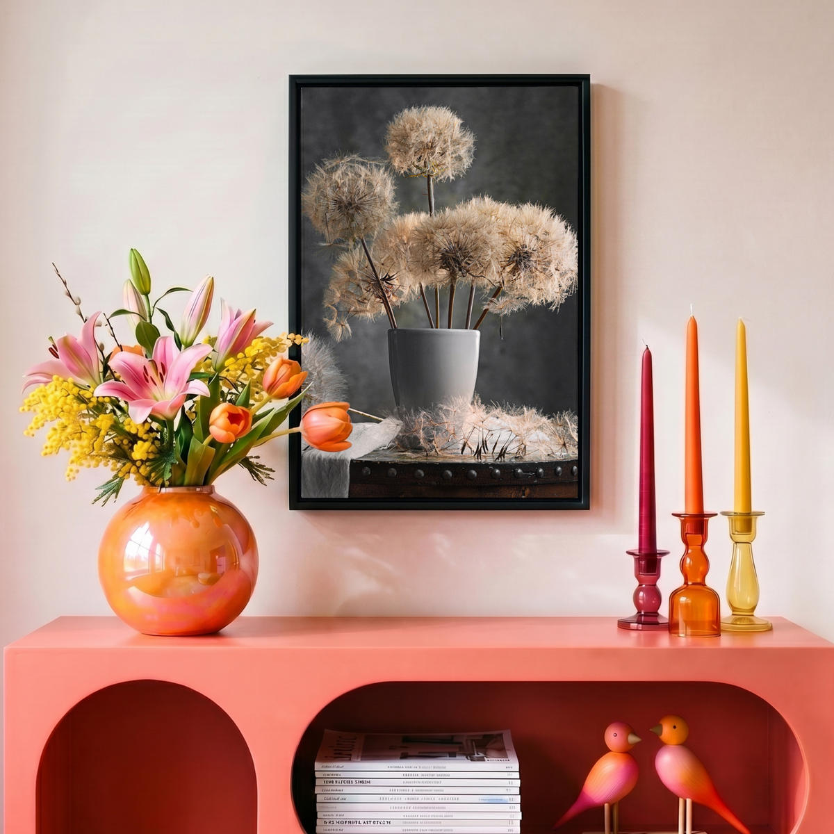 LEINWAND Bilder mit Rahmen - Blumensamen - Löwenzahn - Vase - Stilleben - Blumenstrauß - 20x30 - Dunkelgrau, Textil (20/30cm) - MuchoWow