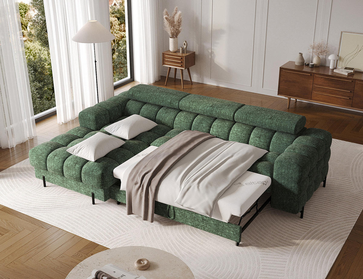 ECKSOFA FELRO mit Schlaffunktion, Bettkasten & verstellbaren Kopfstützen – Modernes Premium-Ecksofa in L-Form - Grün, Kunststoff (285/181cm) - Wohnideebilder