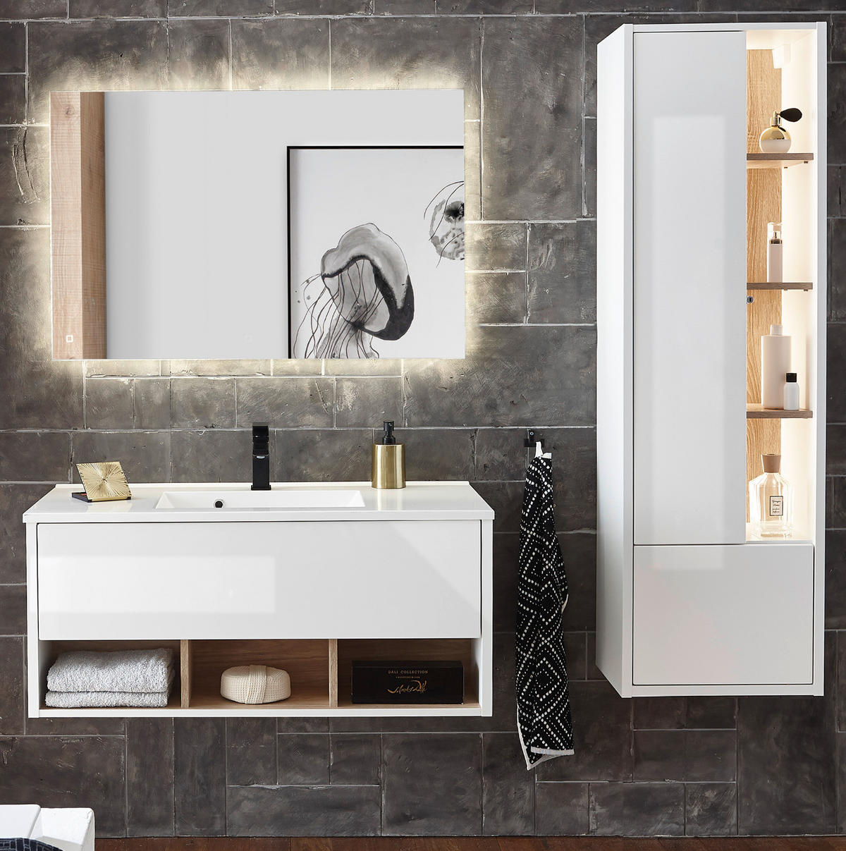 BADMÖBEL-SET weiß Hochglanz, Eiche 3-teilig, Badmöbel mit Waschbecken, LED Beleuchtung 155 cm - Weiß Hochglanz/Eichefarben, Glas/Holzwerkstoff (155/190/47cm) - Furn.Design