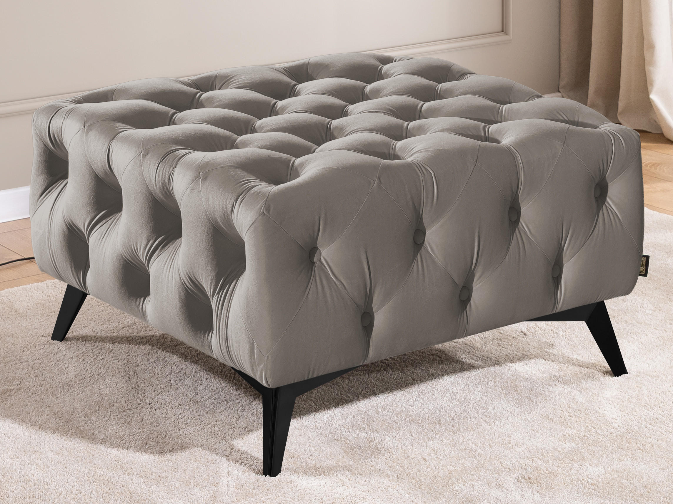 HOCKER Chesterfield Whitby Grau Samt mit schwarzen Füßen - Schwarz/Grau, Holz/Textil (80/45/80cm) - S-Style Möbel
