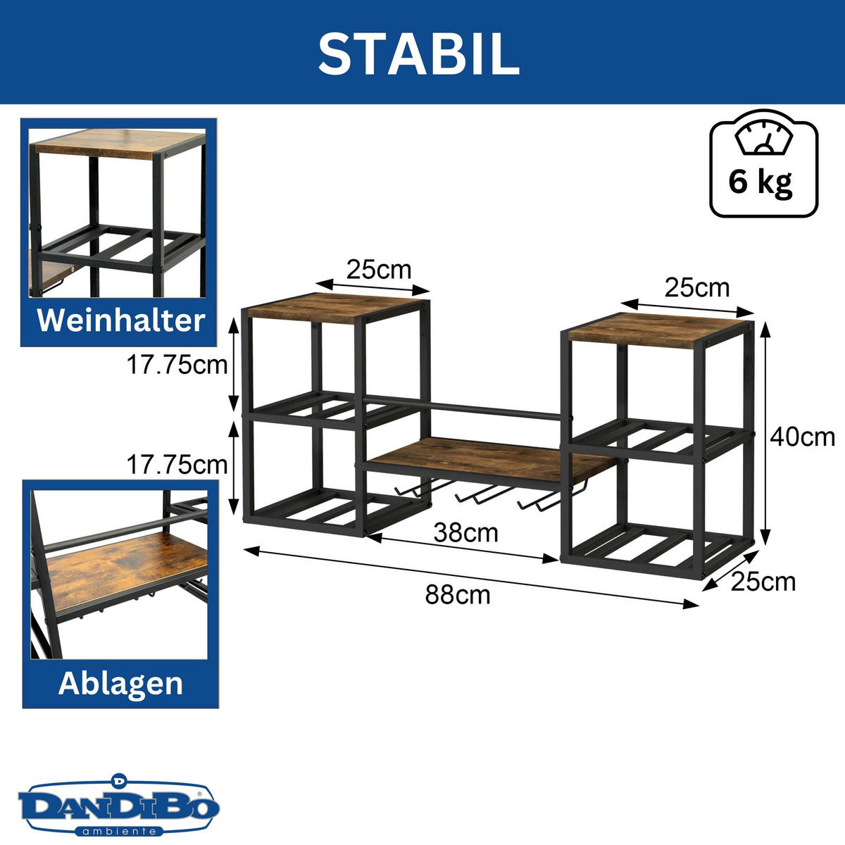 WEINREGAL Wand Metall Schwarz 8 Flaschen Wandregal - Schwarz, Metall (88/40/25cm) - DanDiBo