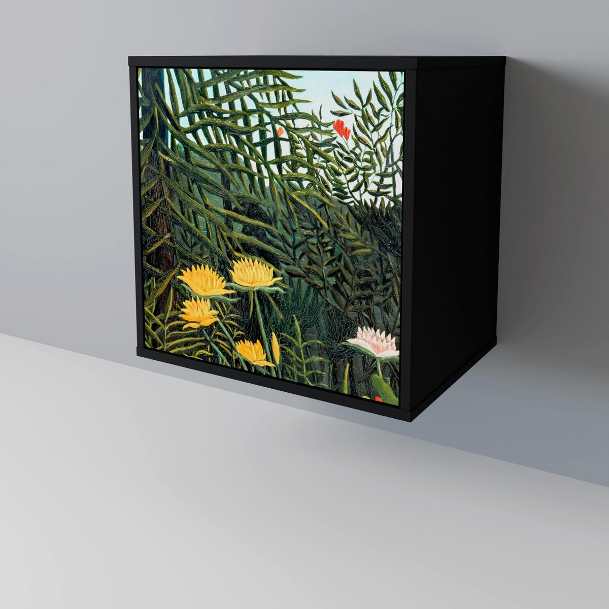 SIDEBOARD VIRGIN FOREST WITH SUNSET, Schwarz, 57,5x42x67,5 cm, Schwarze Metall-Rahmenfüße - Multicolor/Schwarz, Holzwerkstoff/Metall (57.5/67.5/42cm) - SpaceRebels