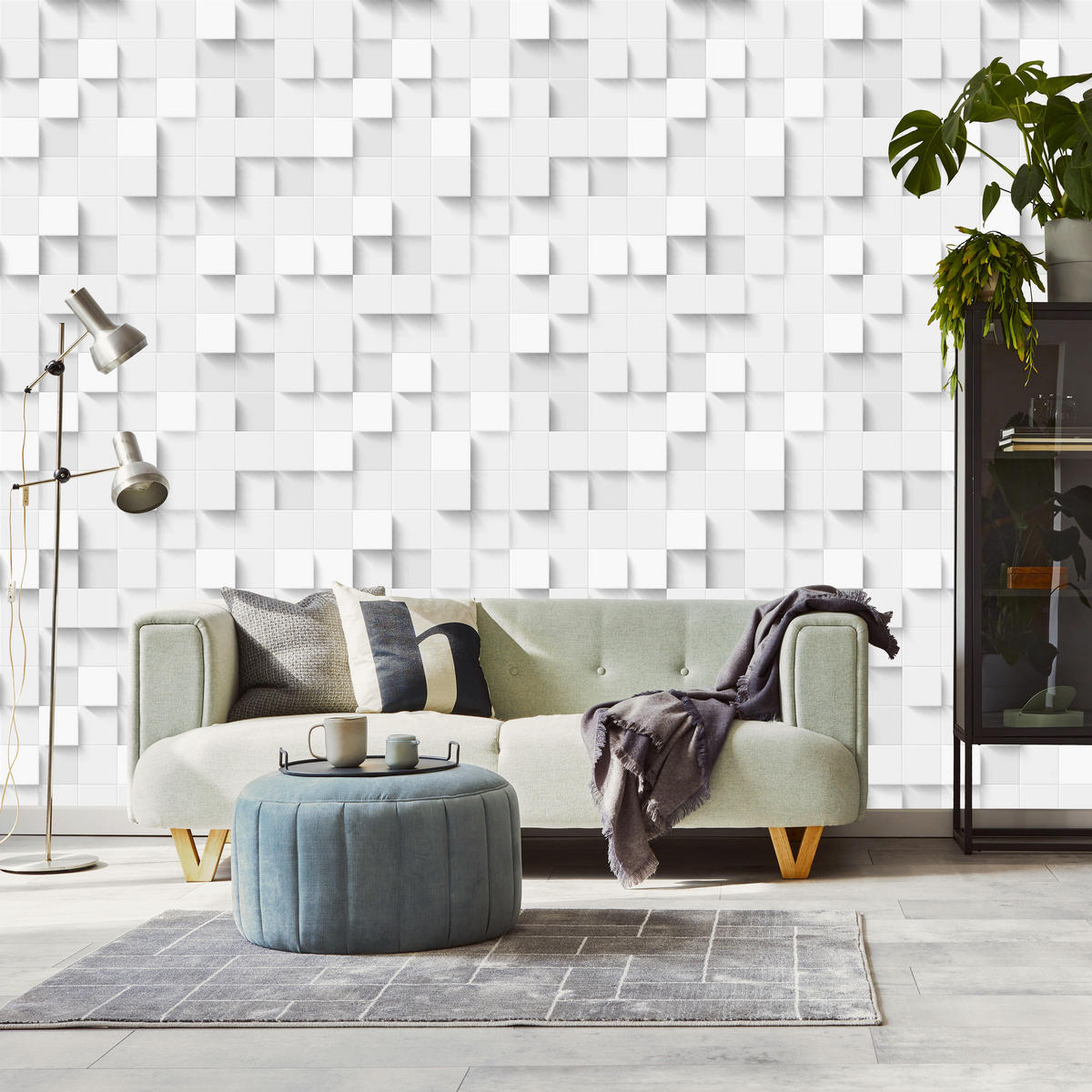 VLIESTAPETE Geometrische Quadrate in 3D-Optik – Weiß, Grau – 50x1000 cm - Weiß/Grau, Papier (50/1000cm) - Muralo
