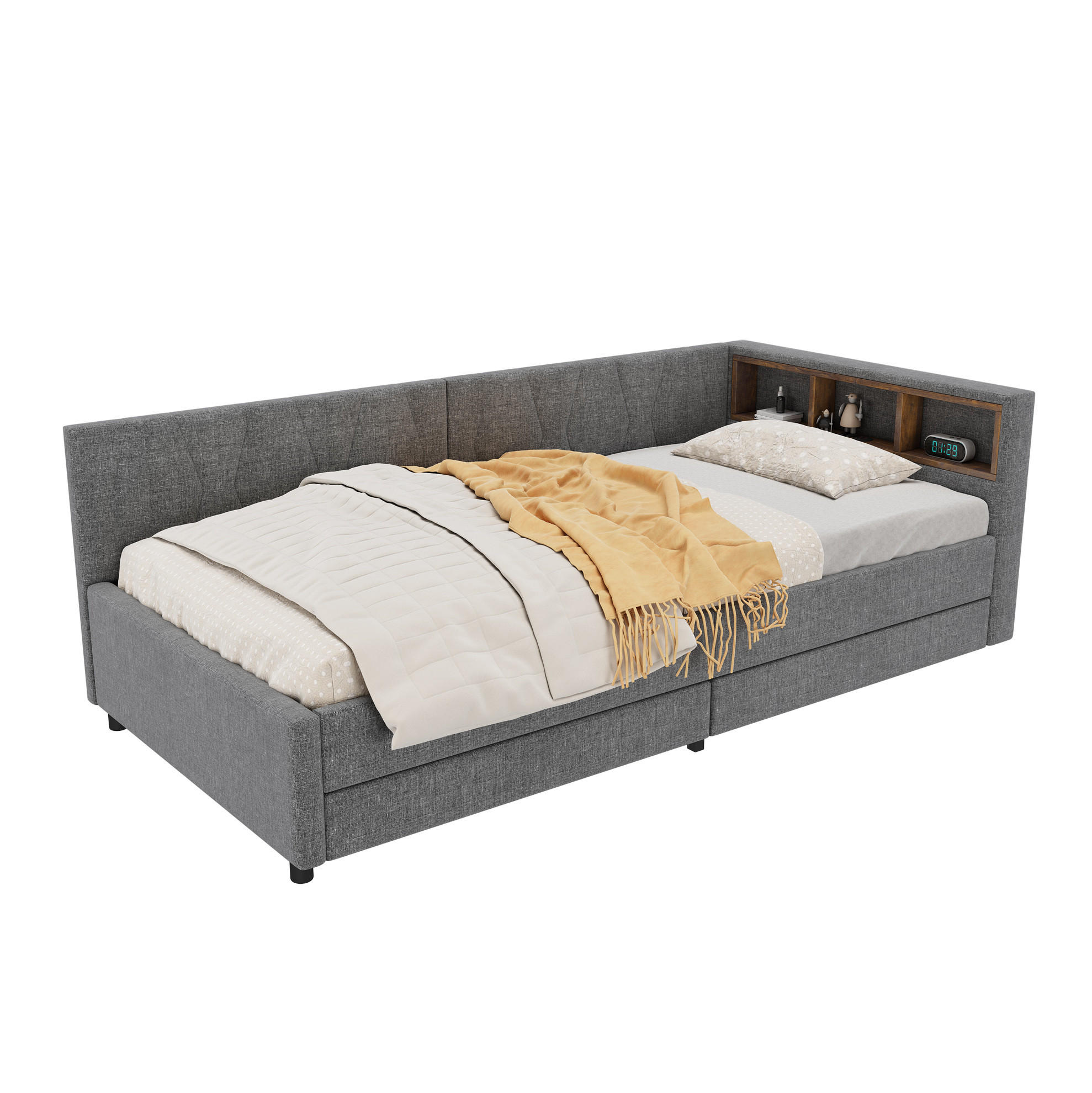 TAGESBETT 90/200 cm mit LED-Beleuchtung, USB- und USB-C-Anschluss, 2 Schubladen und Ablagefächern, Grau - Grau, Textil (90/200cm) - Redom