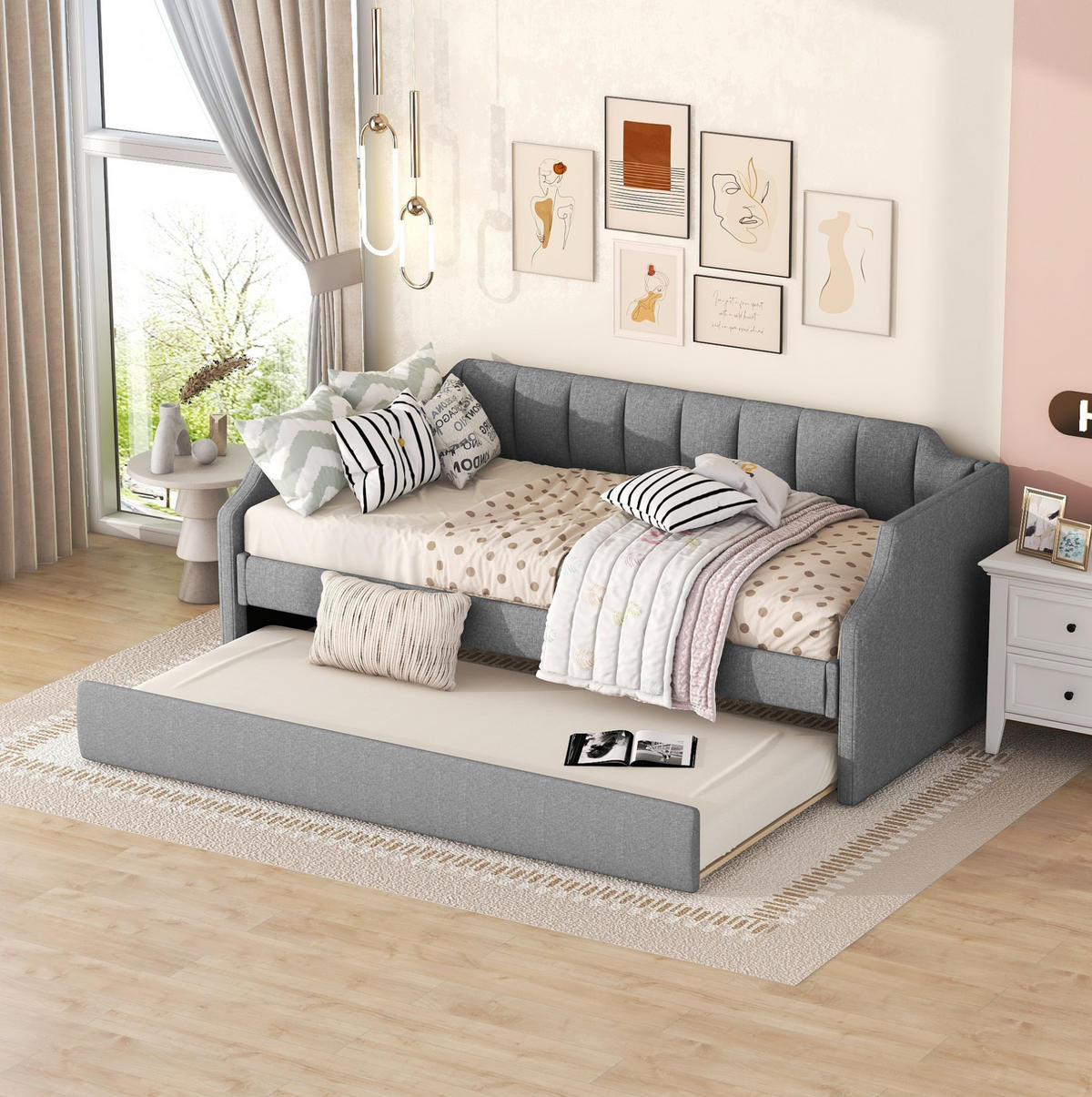 KREVET 90/200 cm s pomoćnim krevetom, prostor-štedeći dizajn i prošiveni detalji, Siva - siva, drvni materijal (90/200cm) - Redom