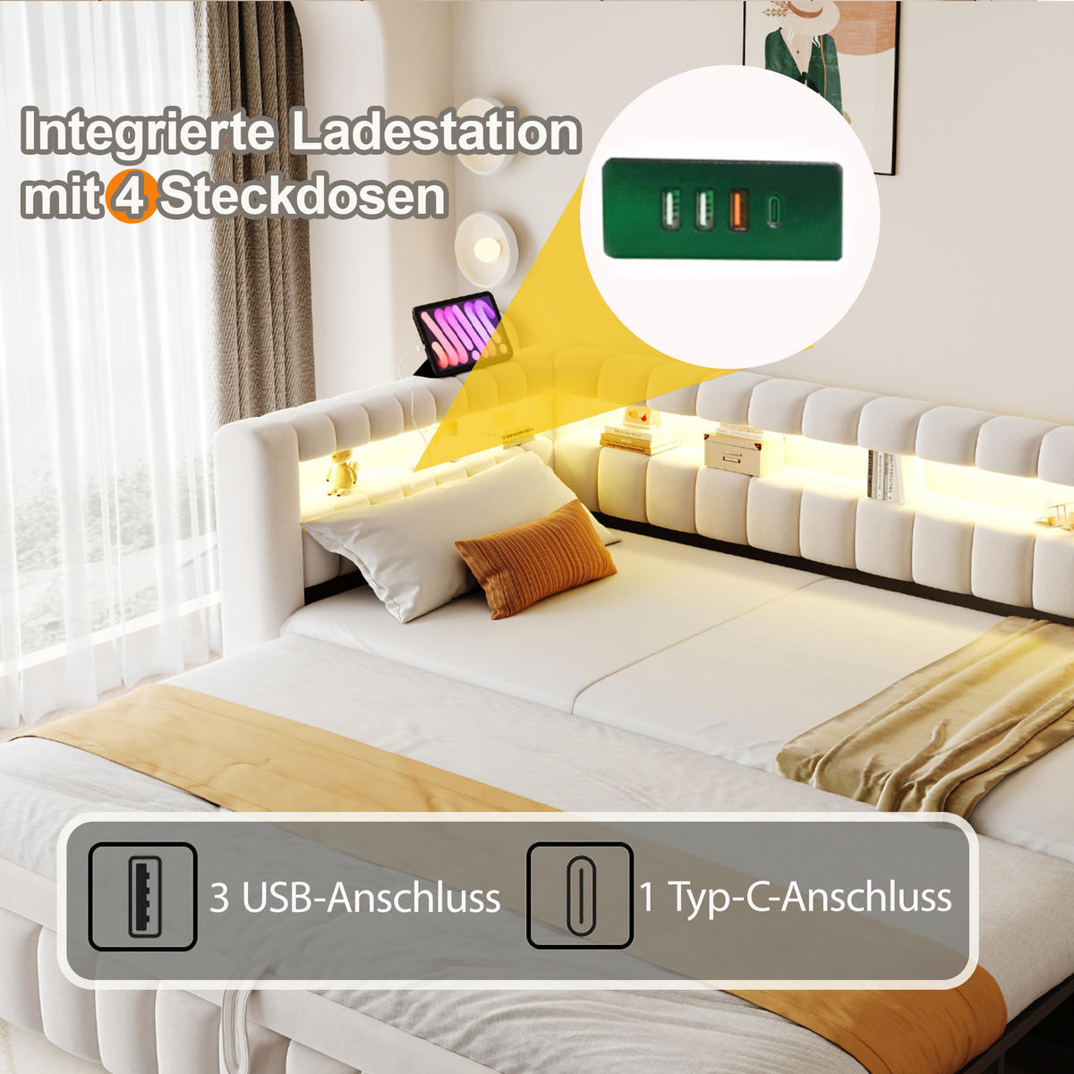 POLSTERBETT 90x200 Beige Samt LED USB - Beige, Textil (90/200cm) - FLIEKS