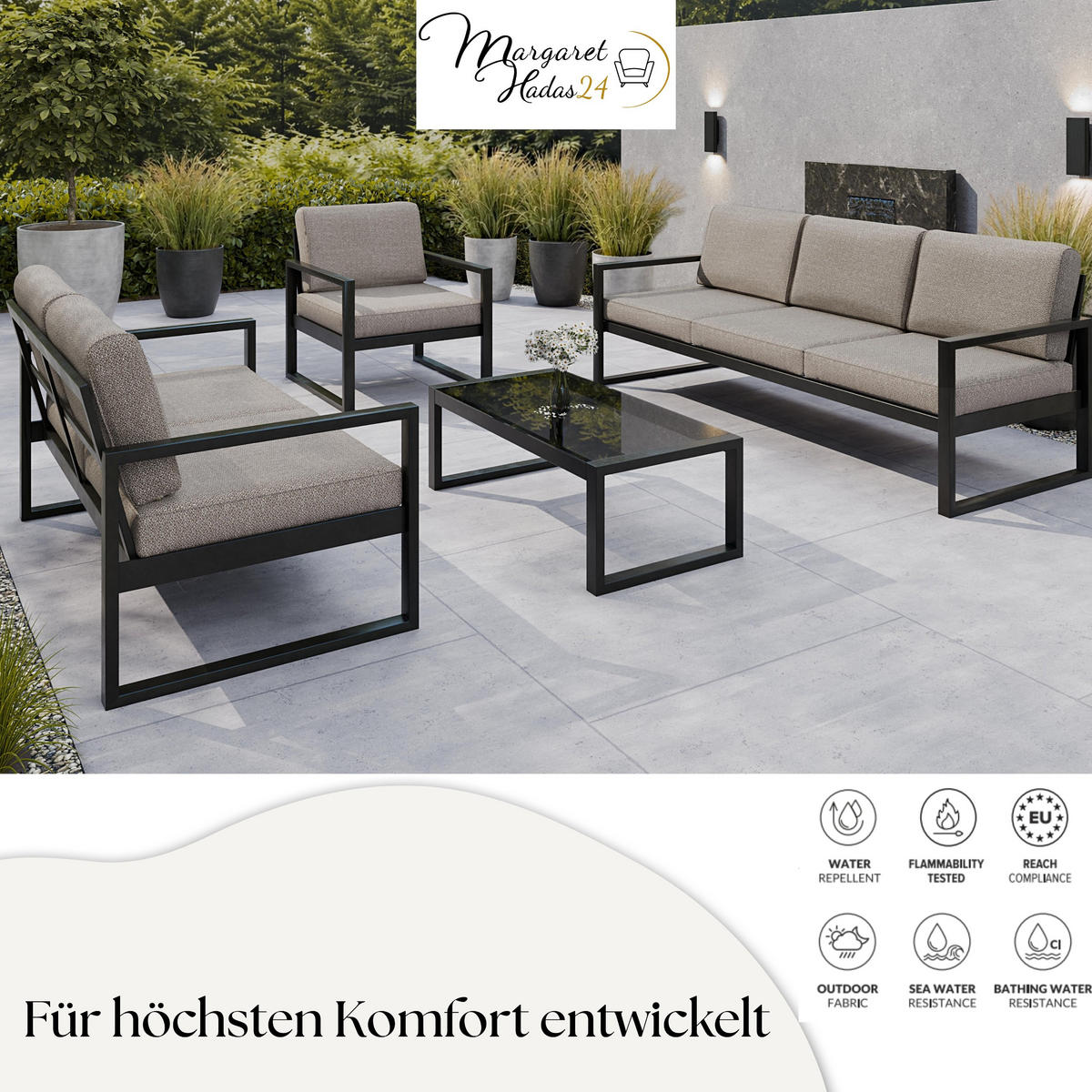 GARTENSOFA 3 Sitzer Madera 216x80cm, schwarz, graubeige - Beige/Schwarz, Kunststoff/Metall (216/86/80cm) - Margaret Hadas24
