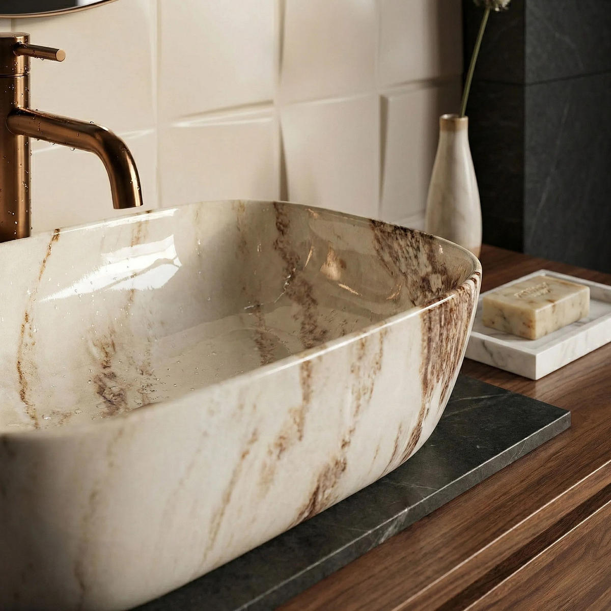 AUFSATZWASCHBECKEN Rea Belinda Marrone Marrone Shiny - Beige, Keramik (33/13.5/46.5cm) - REA
