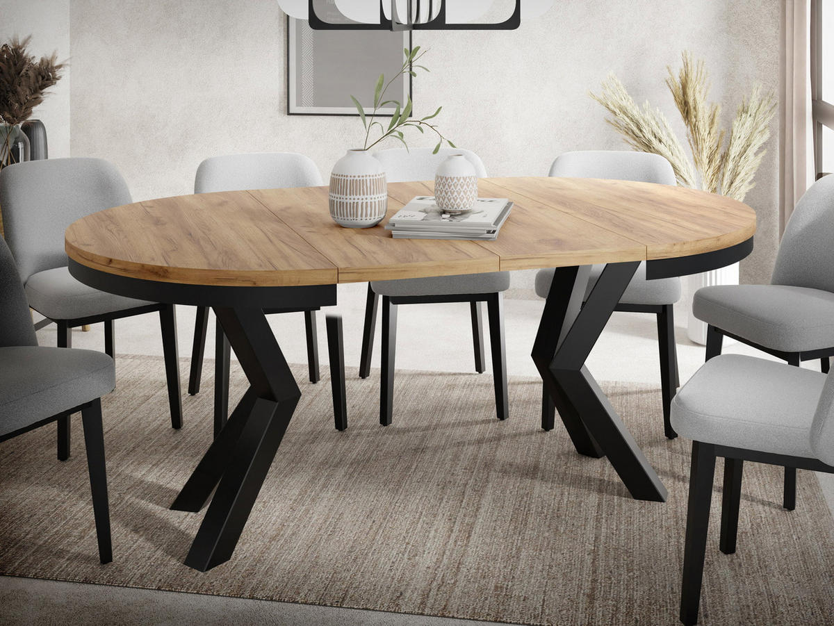 ESSTISCH Clara runder ausziehbarer, Eiche Braun 120-200/120/76 cm - Eiche Wotan/Schwarz, Holzwerkstoff/Metall (120/200/76cm) - WFL GROUP