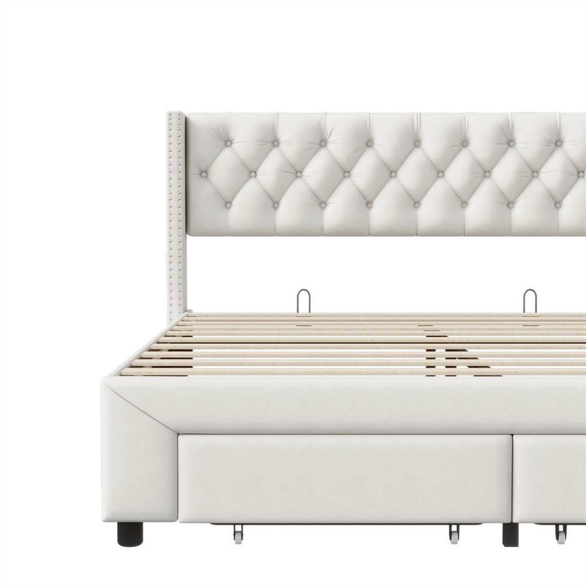 POLSTERBETT 160x200 cm mit LED-Beleuchtung - mit USB-Ports, Seitentaschen und 2 Schubladen - Kopfteil im Nieten-Design - Beige, Textil (160/200cm) - DELFA