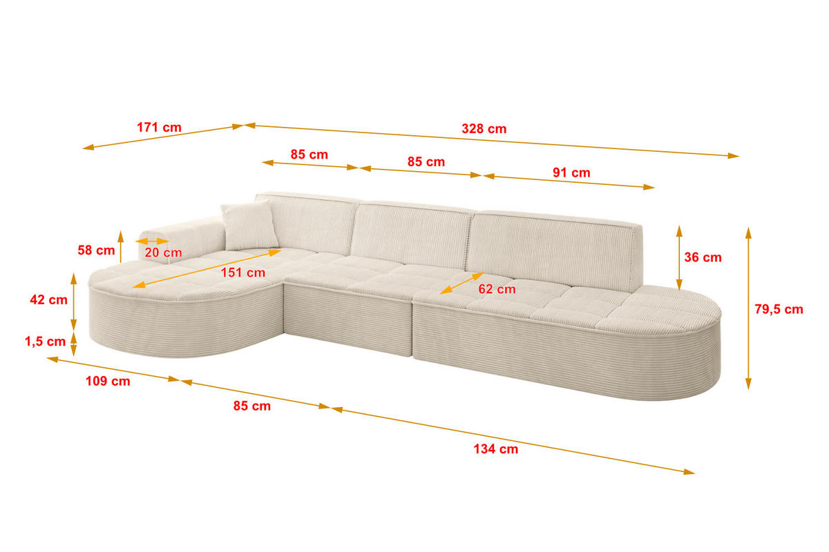 ECKSOFA Ottomane Links TARO-L2 - 328x171x79,5 cm Beige - Beige, Holzwerkstoff/Textil (328/171cm) - ALTDECOR