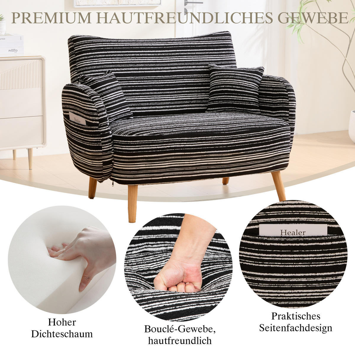 DVOUMÍSTNÁ pohovka ze smyčkové tkaniny 121x81,5x87 cm černá s bočními kapsami a pohodlným sedákem - černá, textil (81.5/87/121cm) - Modfu
