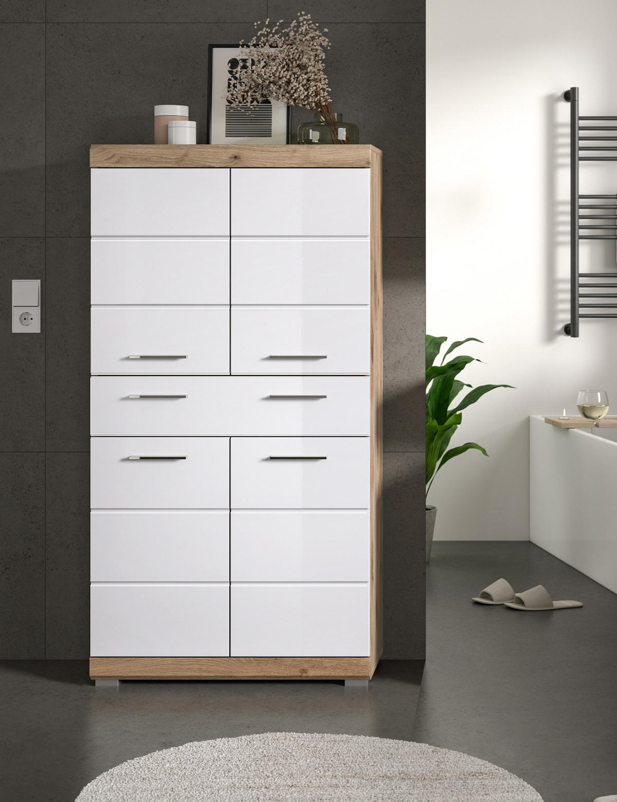 MIDISCHRANK weiß Hochglanz, Eiche 74 cm, Badschrank 4-türig - Chromfarben/Weiß Hochglanz, Holzwerkstoff/Kunststoff (74/141/31cm) - Inn.Furn
