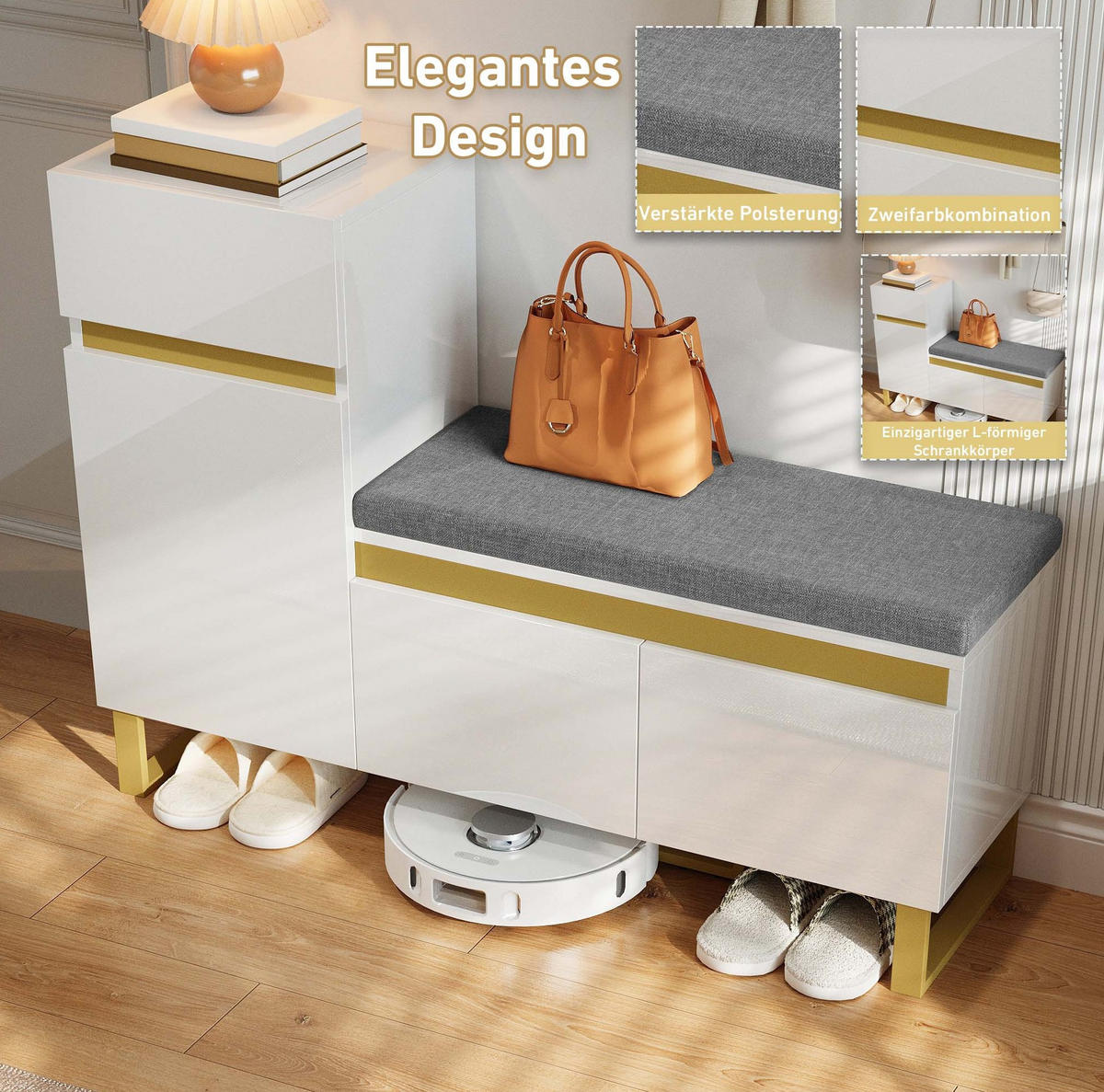 SCHUHSCHRANK 120/35/85 cm in Weiß mit Sitzkissen und Schublade - Weiß, Holzwerkstoff (120/85/35cm) - Flora Grace