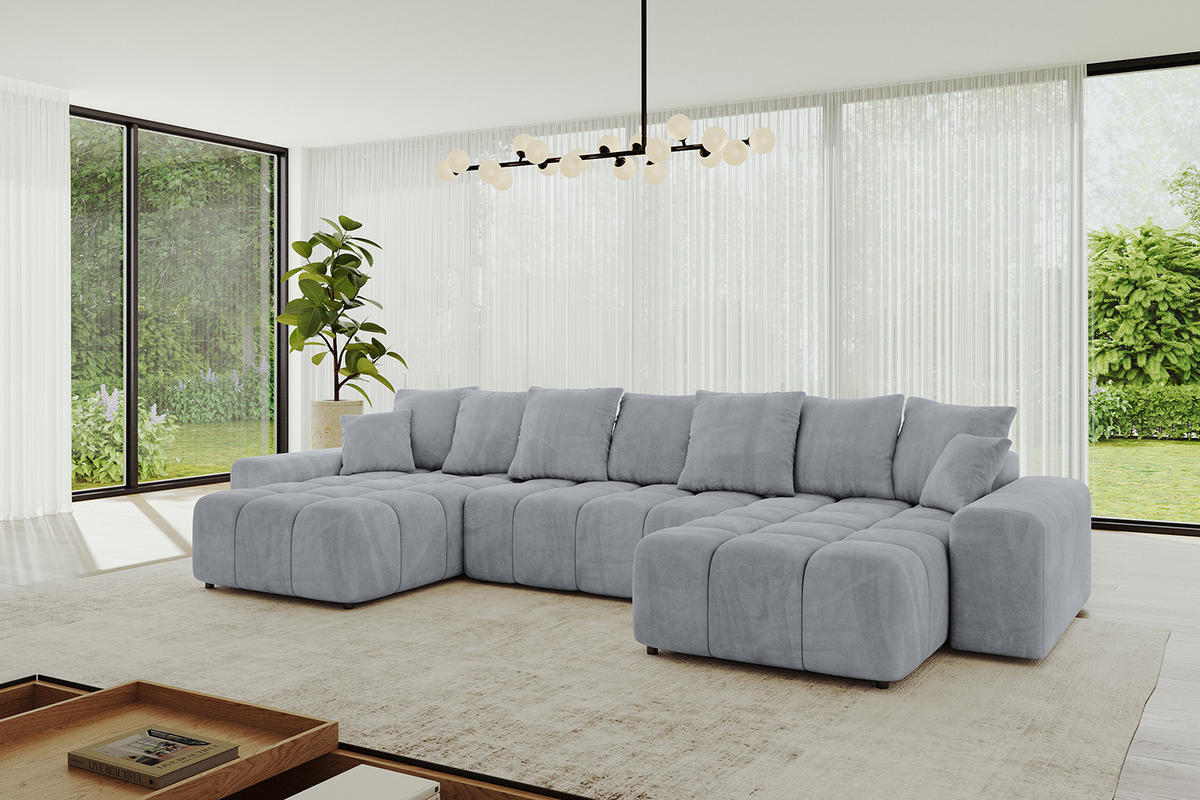 WOHNLANDSCHAFT ENIL-U 390x175x84 Hellgrau Velours - Hellgrau, Holzwerkstoff/Kunststoff (390/84/175cm) - ALTDECOR