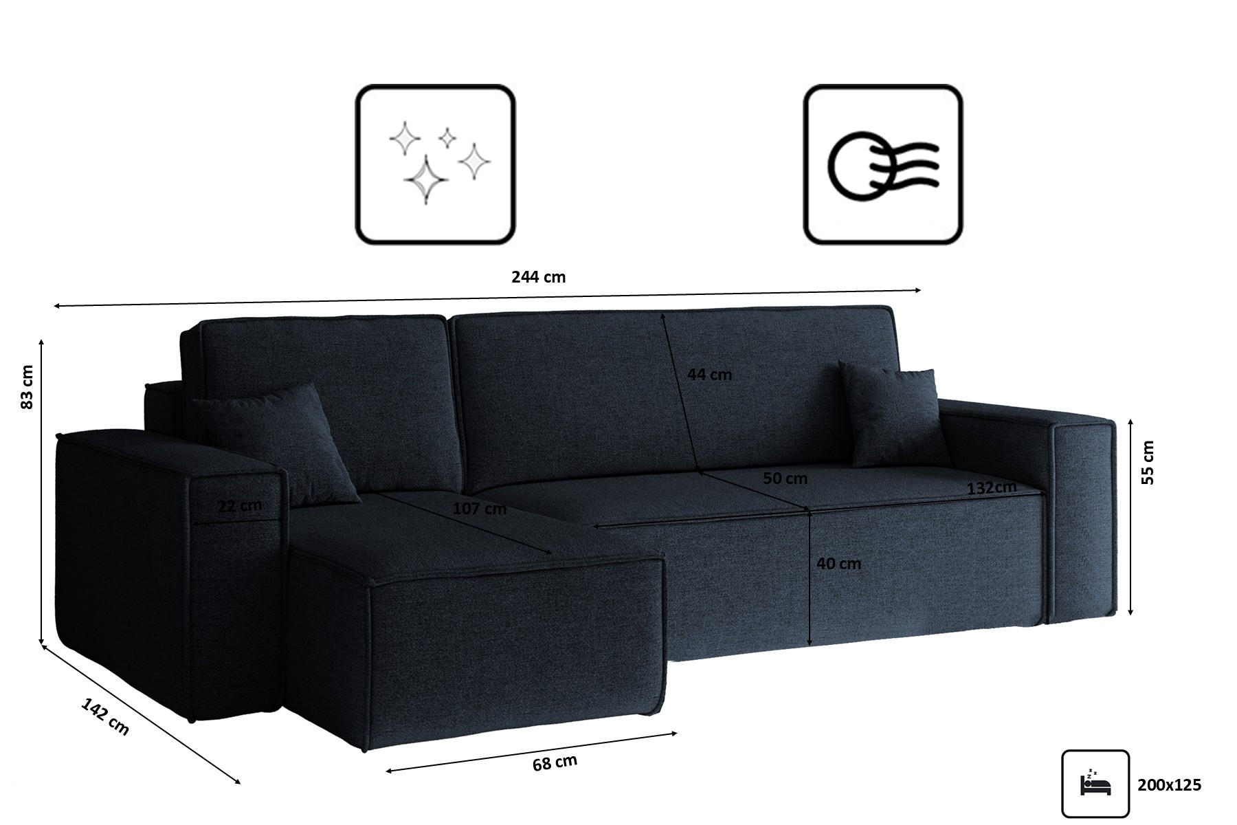 Thumbnail - Kaiser Möbel Ecksofa,, Dunkelblau, Holz, Ottomane links,L-Form, 244x142 cm, Wohnzimmer, Sofas & Couches, Wohnlandschafte...