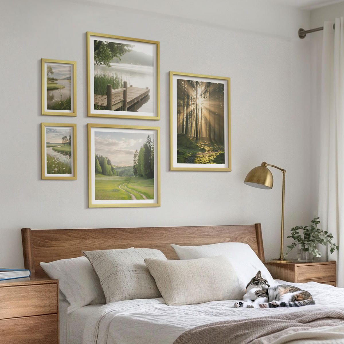 BILDER SET 5er Set - 50x50 cm & 20x30 cm & 40x60 cm Goldrahmen - Frühlingslandschaft Flusswiese - Goldfarben, Kunststoff (40/60cm) - TULUP