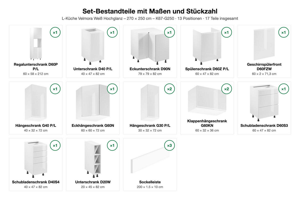 L-KÜCHE Velmora Weiß Hochglanz – 270 × 250 cm – K67-G250 - Weiß, Holzwerkstoff (250/212/270cm) - ROYAL24_MARKT