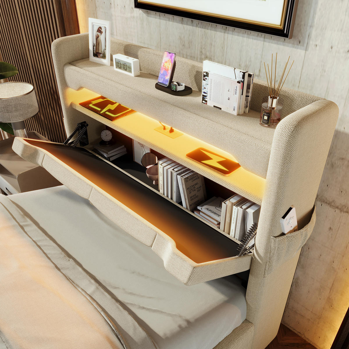 POLSTERBETT 90/200 cm Beige mit Stauraum Kopfteil und USB-Anschlüssen Mit Matratze - Beige, Textil (90/200cm) - OKWISH